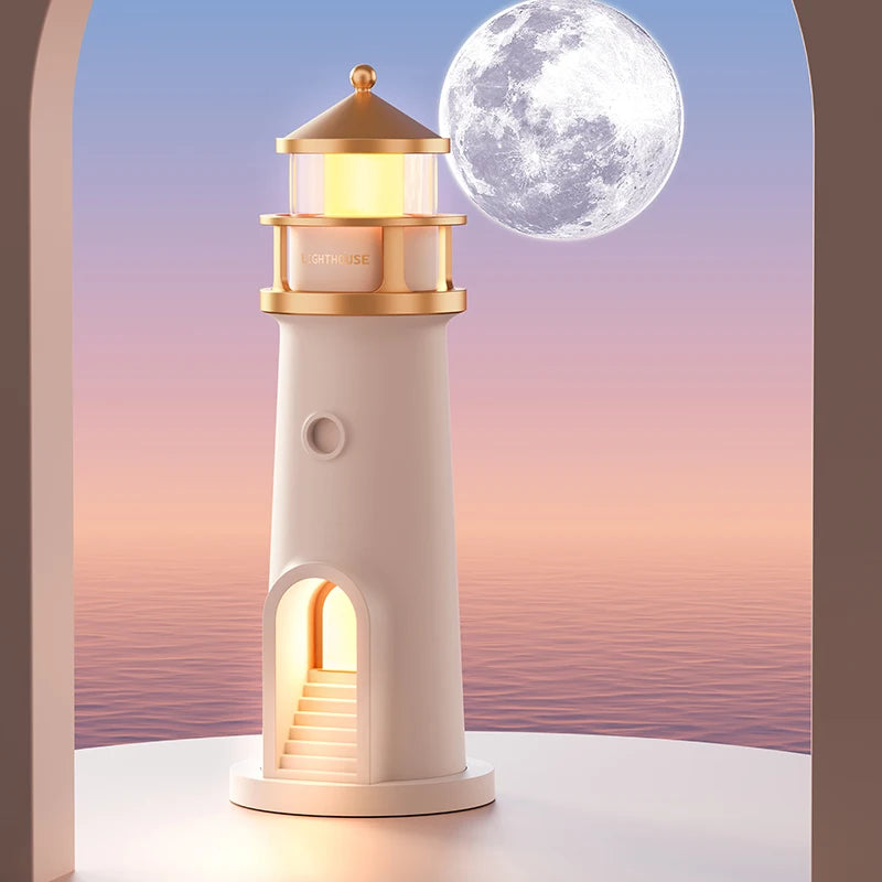 Decorative lighthouse with a full moon in the background