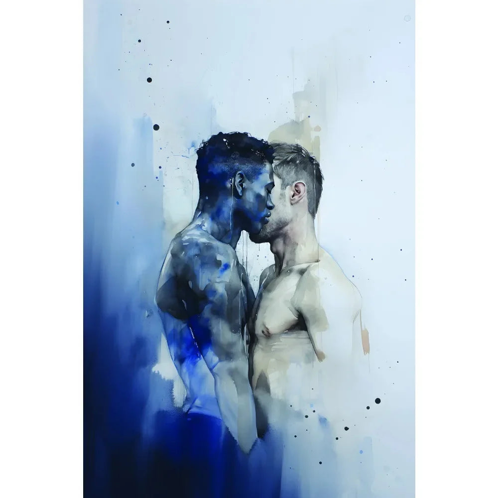 Artistic depiction of two figures facing each other with a blue and white color scheme.
