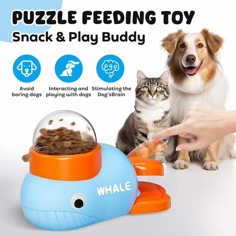 Puzzle feeding toy for pets with a dog and cat, labeled as 'Snack & Play Buddy'.