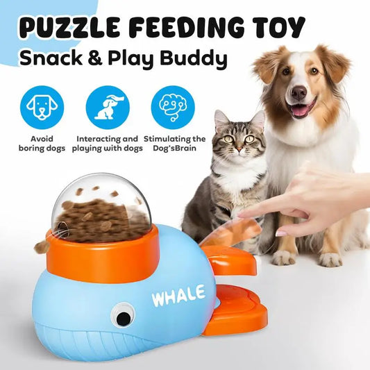 Puzzle feeding toy for pets with a dog and cat, labeled as 'Snack & Play Buddy'.