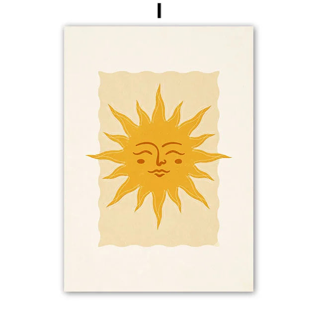 Yellow sun Poster with face design on beige textured paper