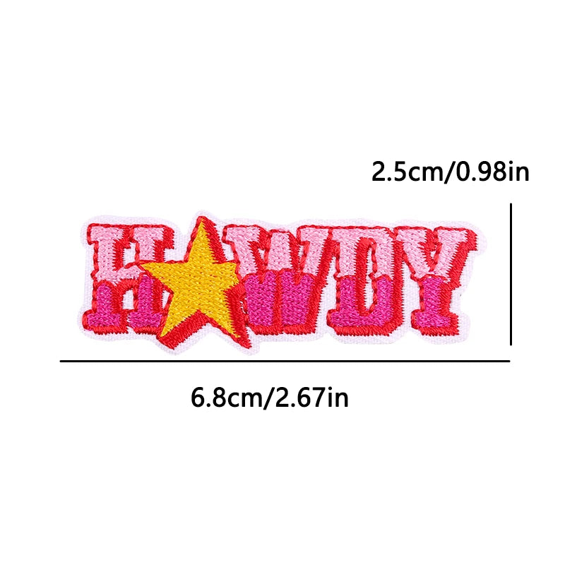 Embroidered patch with 'HEAVY' text and yellow star, showing dimensions on a white background.