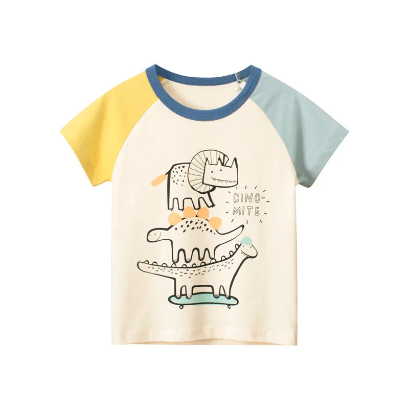 Children's t-shirt with dinosaur design and colorful sleeves on a white background