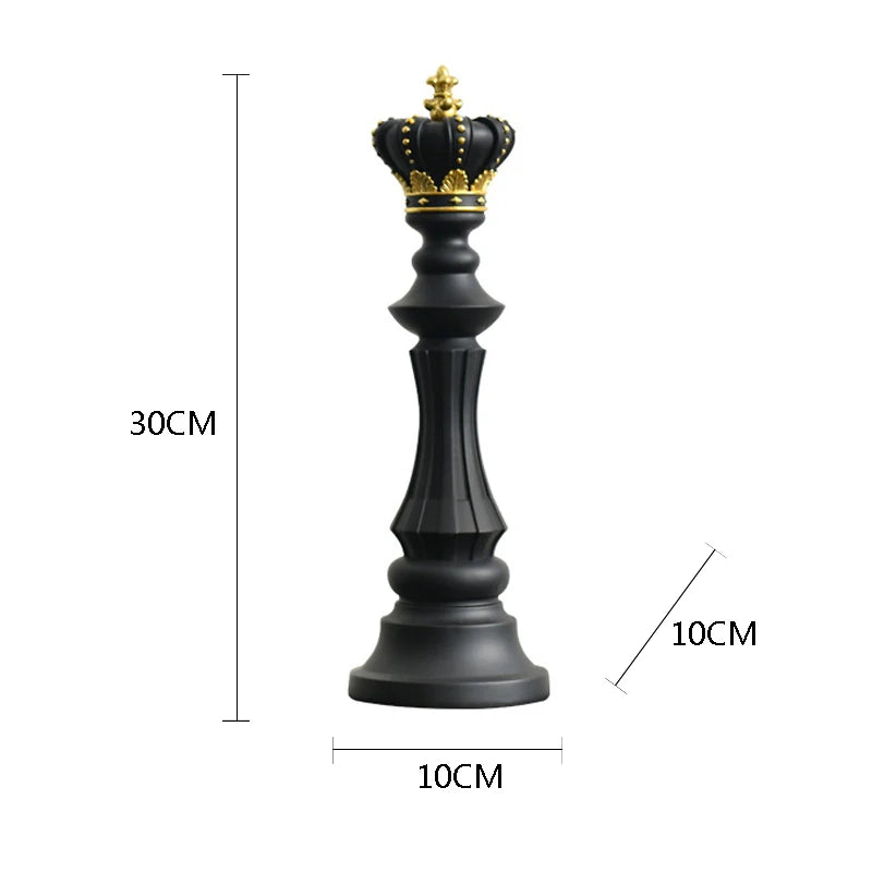 Black chess piece with gold crown, showing dimensions on a white background