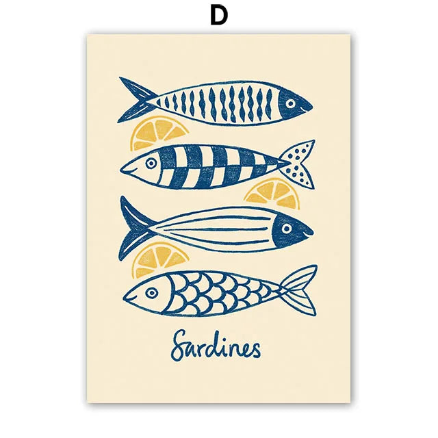 Poster with illustrations of sardines and lemons on a beige background