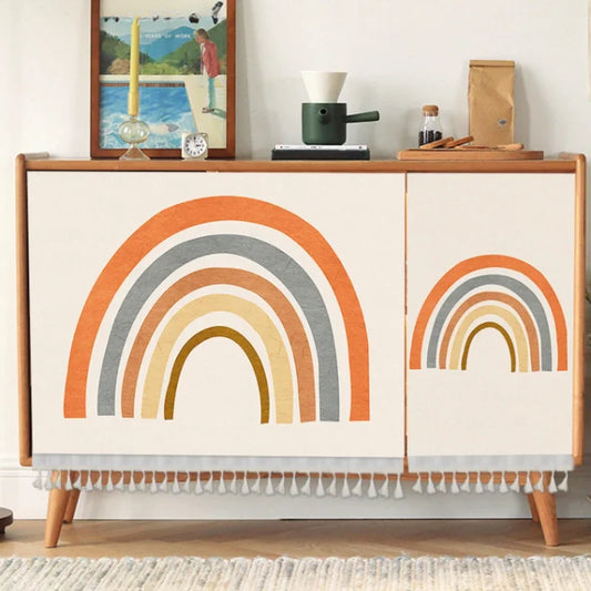 Rainbow boho-style self-adhesive cabinet door curtains with abstract sun, moon, rainbow and geometric patterns on wooden cupboards