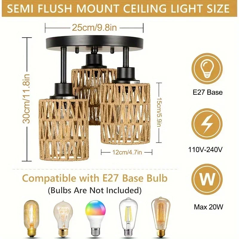 Semi flush mount ceiling light with dimensions and compatibility details on a white background
