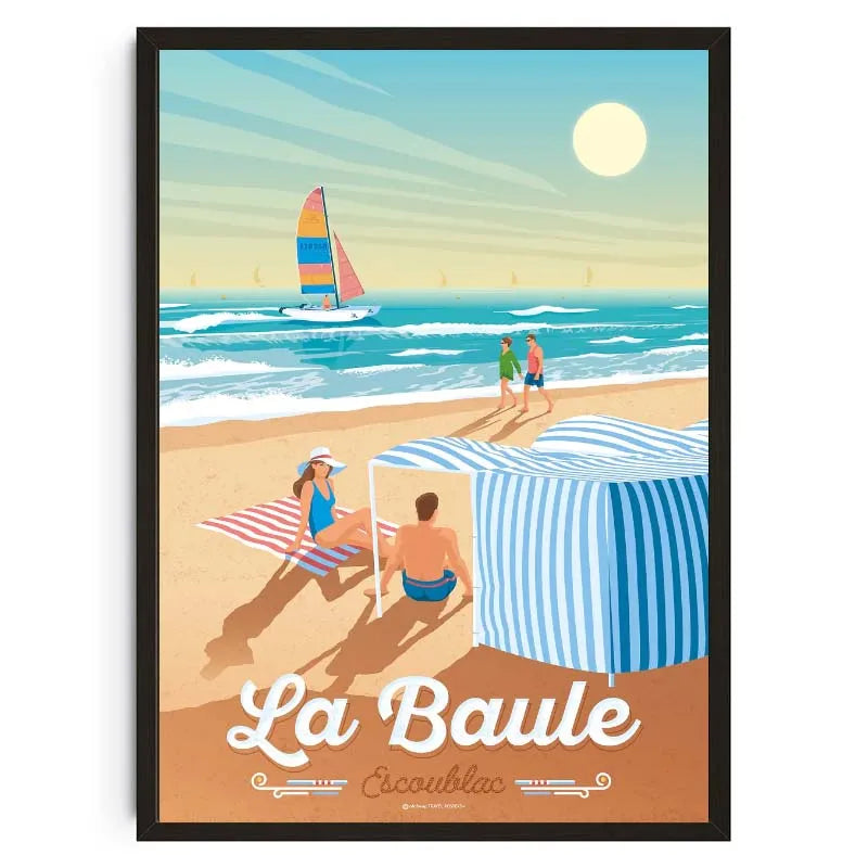 Beach scene with people, a sailboat, and 'La Baule' text on a colorful poster.