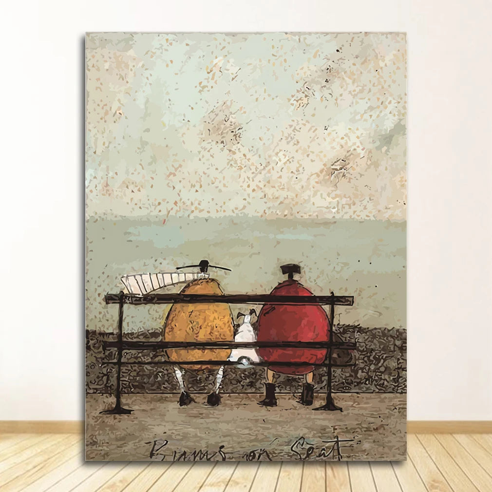 Artistic depiction of two animals sitting on a bench with a cat between them, on a textured wall.