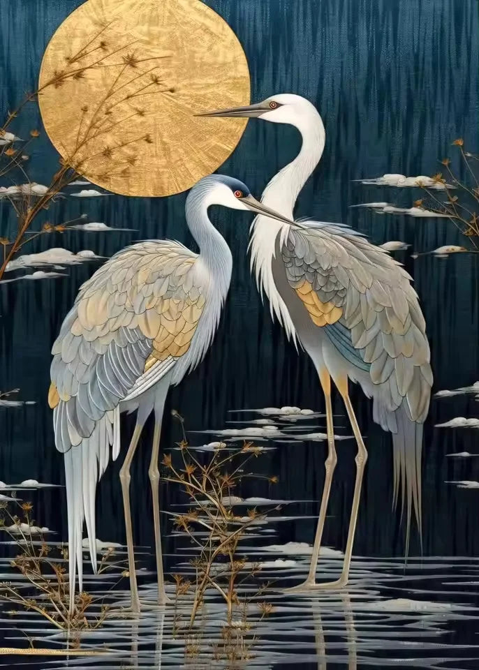 Modern Japanese crane wall art poster with white birds and golden sun on dark canvas