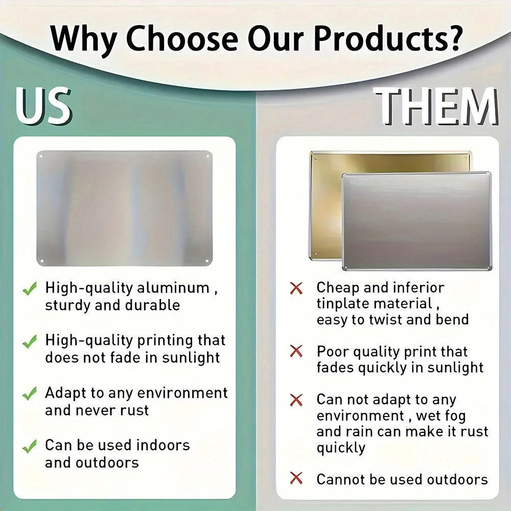Comparison chart highlighting why choose US products over 'Them' for metal signs.