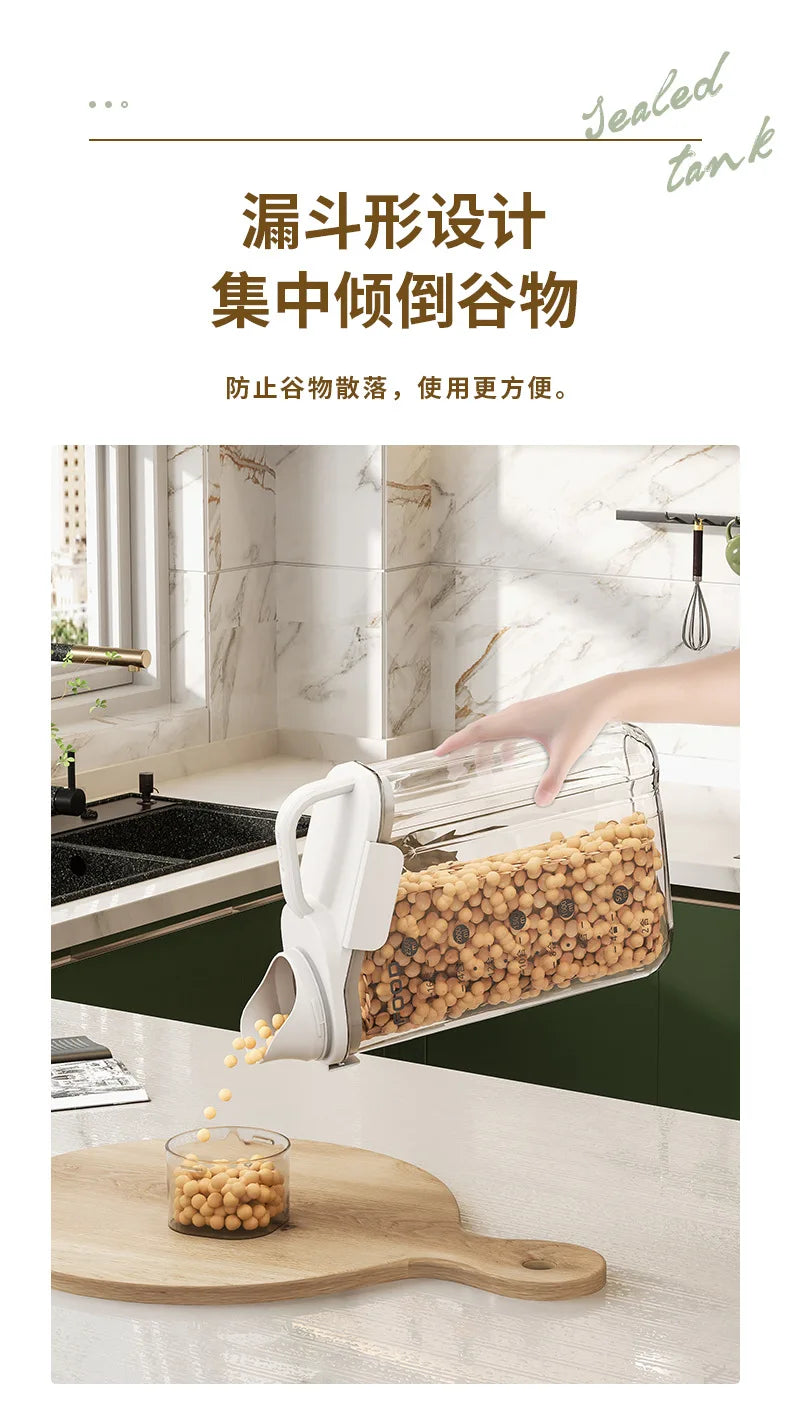 Kitchen scene with a person using a grain storage container, featuring text in Chinese.