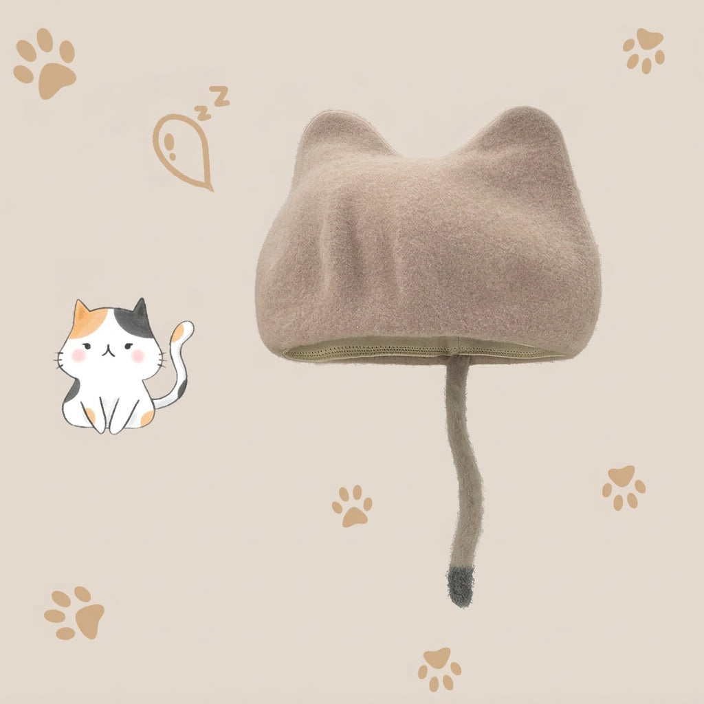 A beige cat-ear hat with a long tail hanging down, shown on a light beige background with paw print graphics 