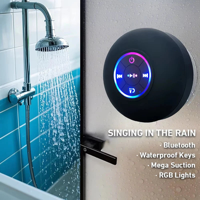 Shower head with a waterproof Bluetooth speaker displaying RGB lights in a bathroom setting.
