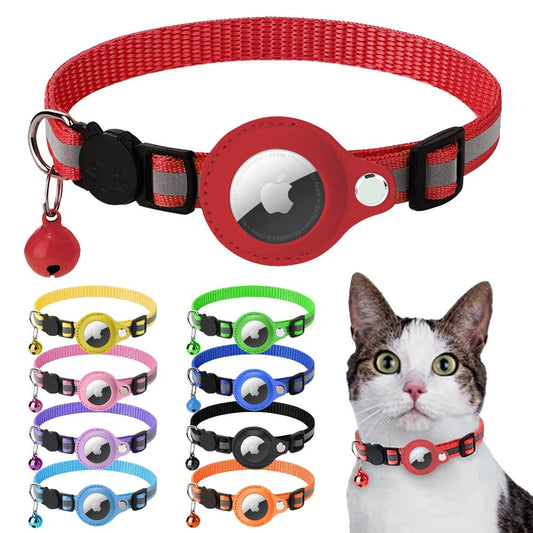 Adjustable reflective pet collar with built-in Airtag case and bell, available in multiple colors for cats and dogs