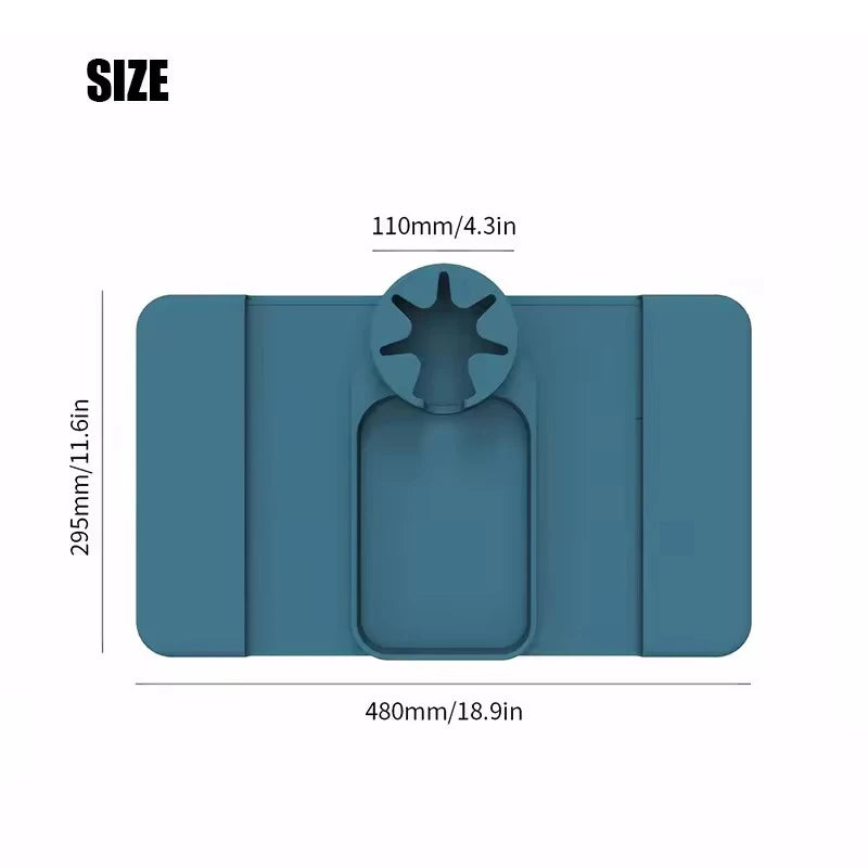 Dimensions of silicone sofa cup holder and storage tray showing width and cup section measurements.