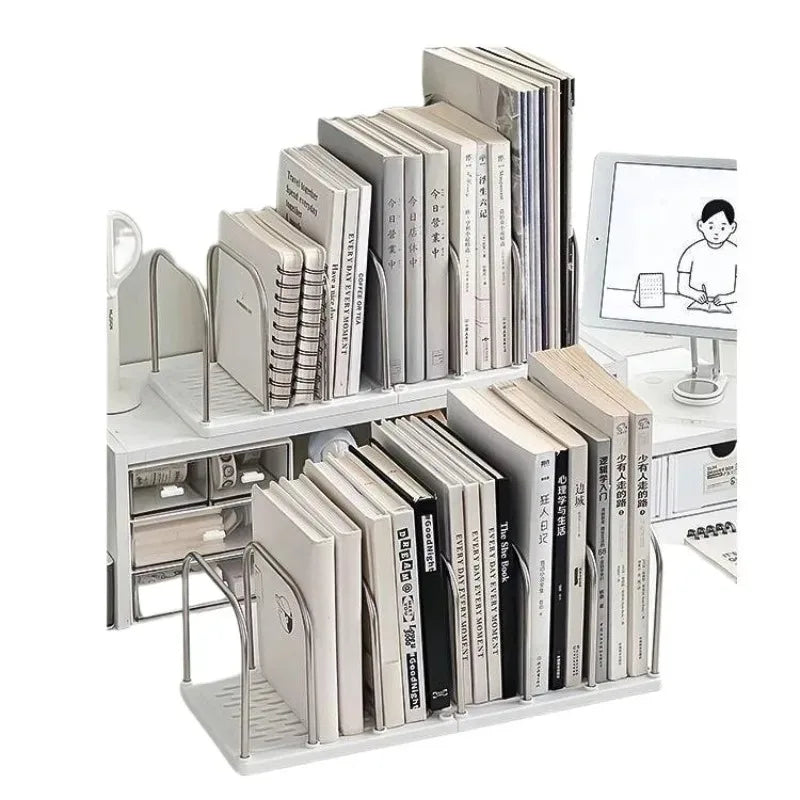 White bookshelf stand with books and a small TV displaying a cartoon character.