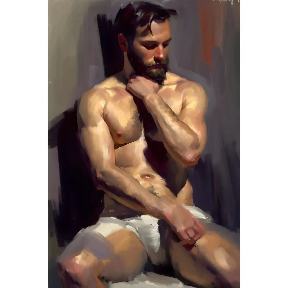 Artistic depiction of a shirtless man sitting on a chair with a neutral background