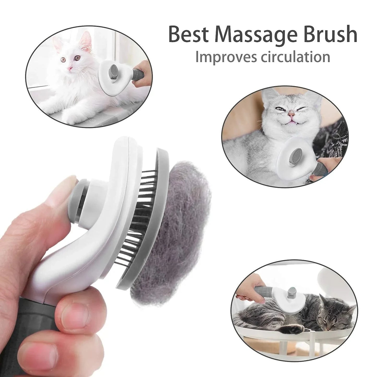 Massage brush with fur collected, shown with a hand holding it, and images of cats using the brush.