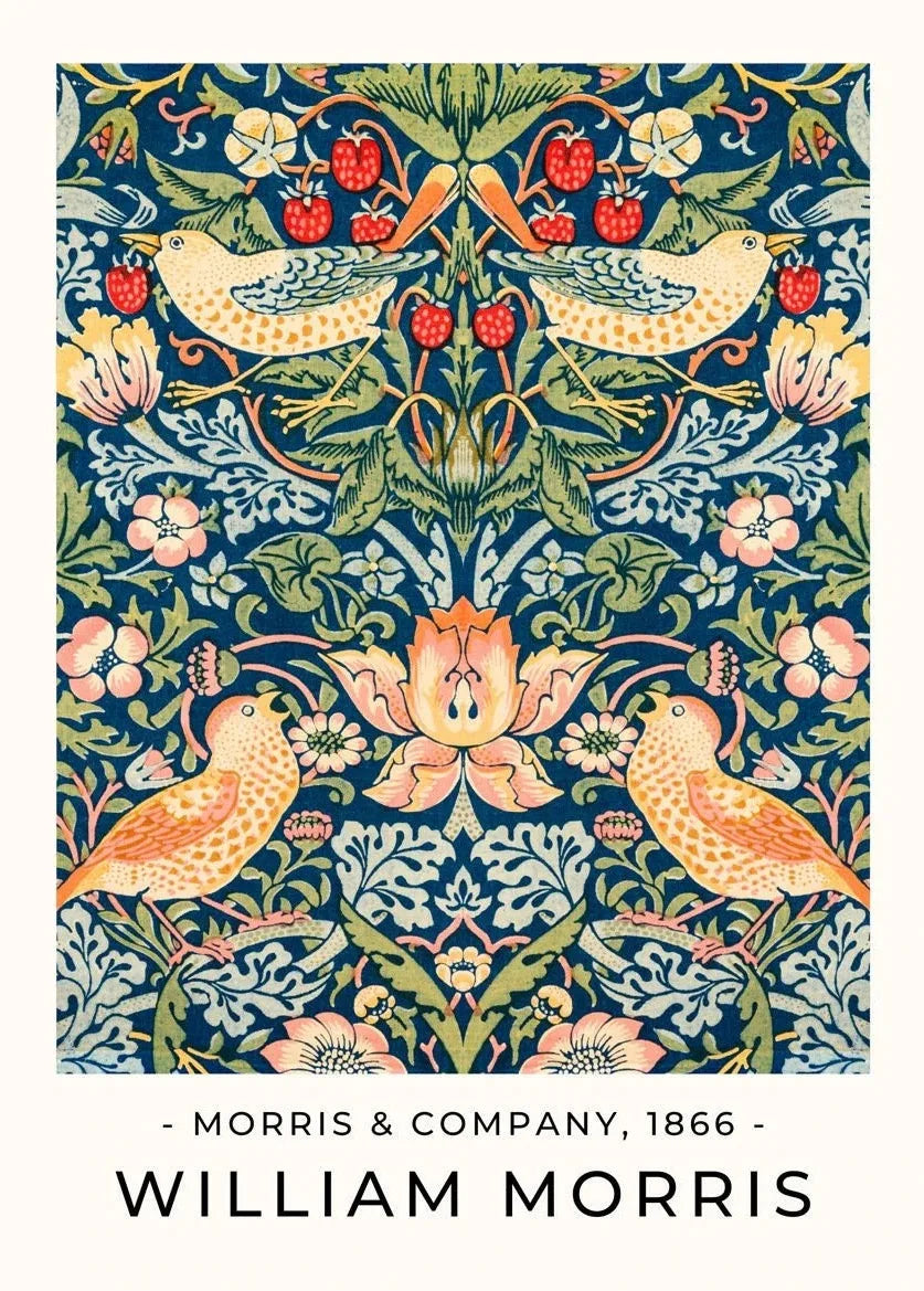 Decorative pattern with birds and flowers on a blue background, featuring the text 'Morris & Company, 1866' and 'William Morris'.