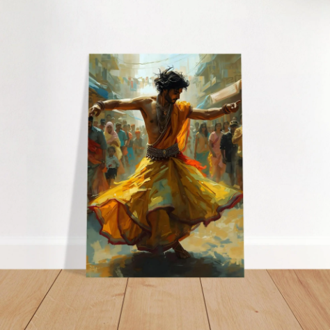 Painting of a person in a yellow outfit dancing in a crowd on a wooden floor.