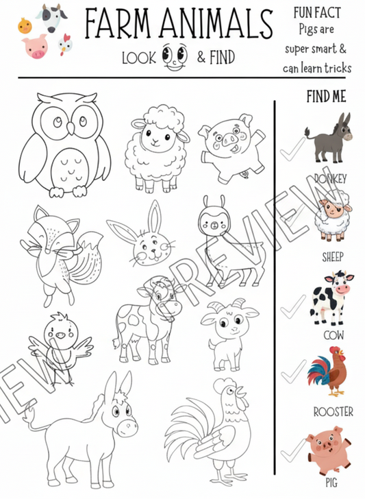 Sheet of farm animals coloring pages with a find-me game on the right side.