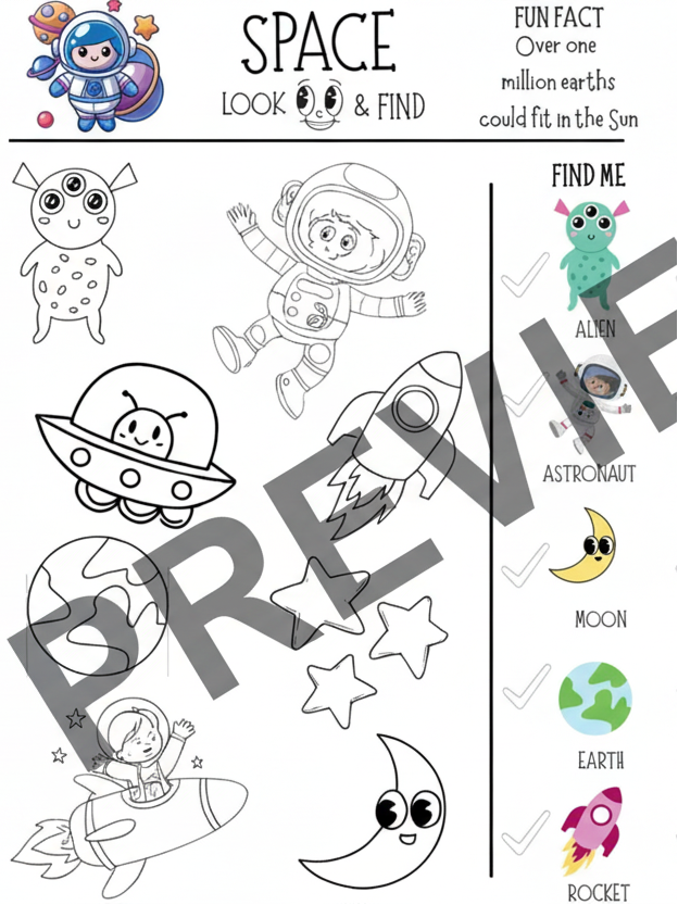 Space-themed coloring and find activity sheet with cartoon characters and space-themed items.