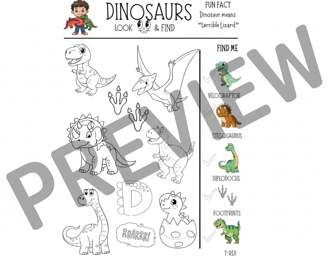 Coloring sheet with cartoon dinosaurs and educational elements for 'Look & Find' game.