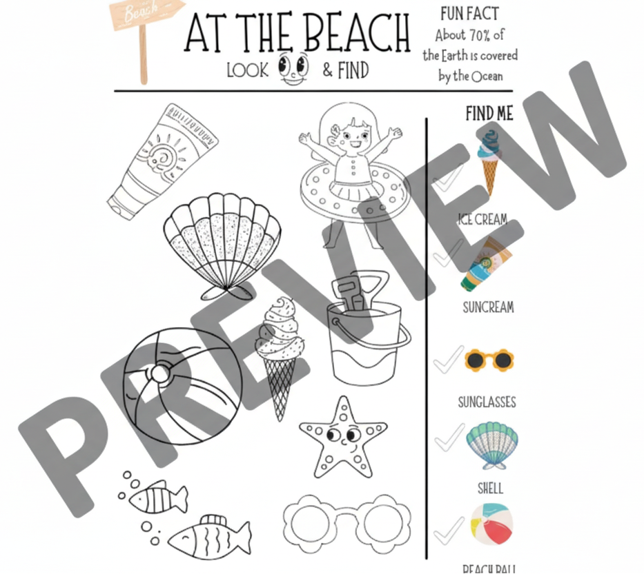 Coloring page with beach-themed items and a fun fact about ocean coverage.