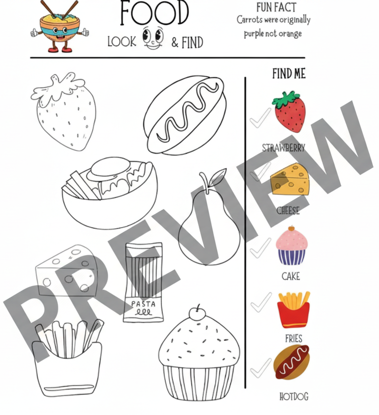 Coloring page with food items to find and check off, featuring a strawberry, cheese, cake, fries, and hotdog.