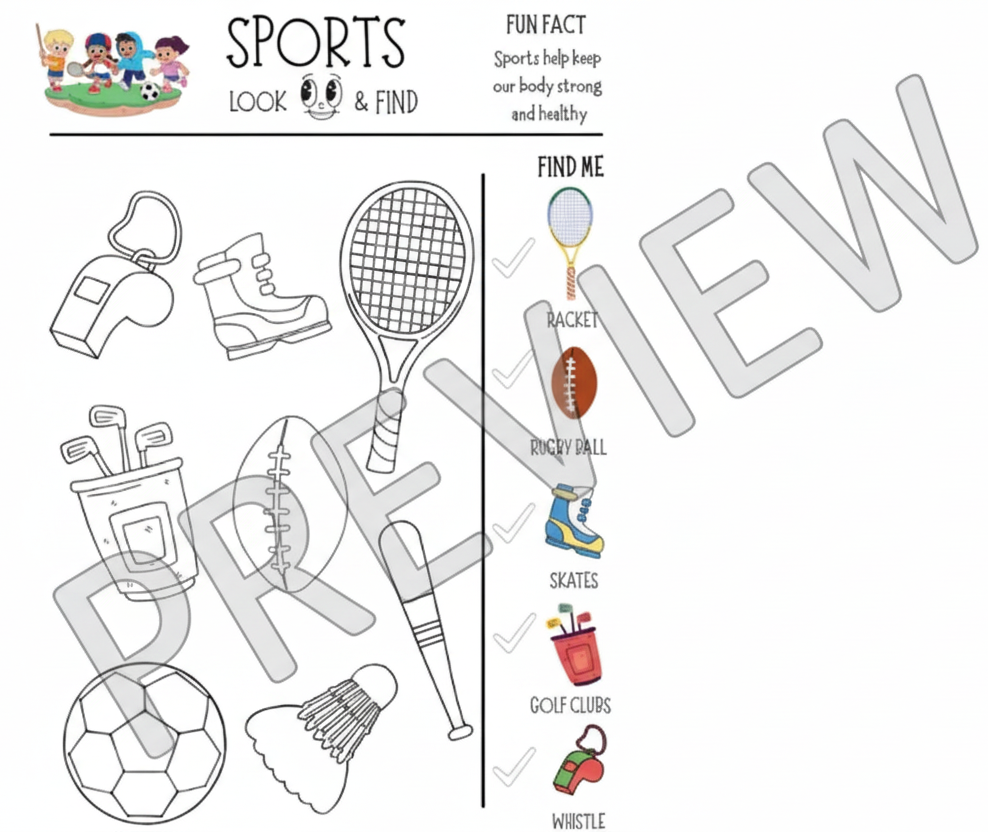 Coloring page with sports-themed items and a checklist for 'Look & Find' game.