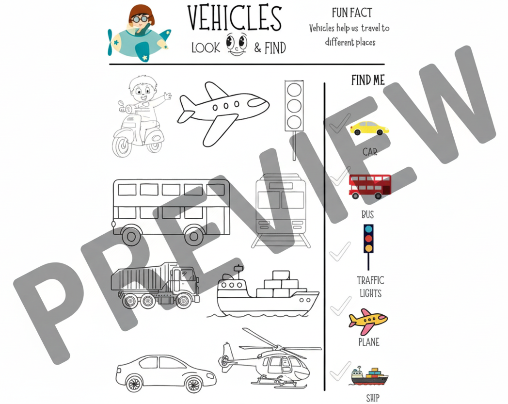 Coloring page with transportation-themed illustrations and checkboxes for 'find me' game.