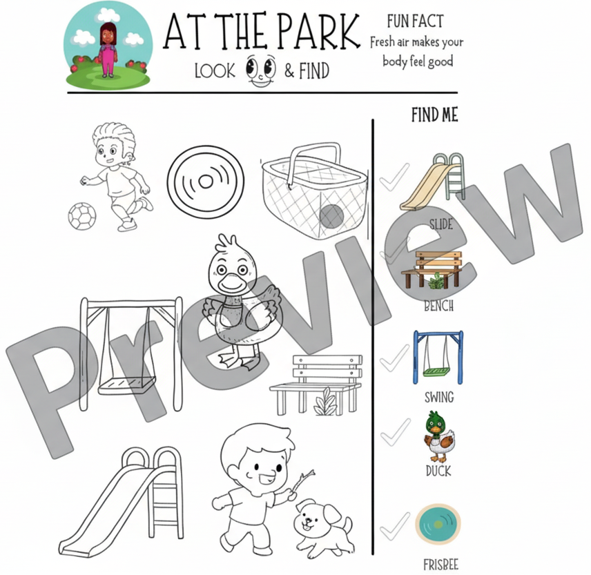 Children's activity sheet with park-themed illustrations and checkboxes for 'Find Me' game.