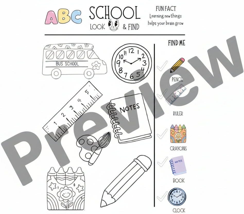 Back-to-school themed coloring page with educational items and a clock.