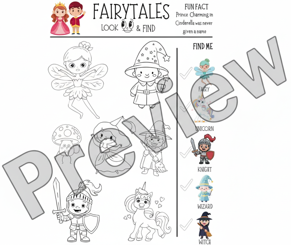 Coloring page with fairy tale characters and a checklist on the right side.