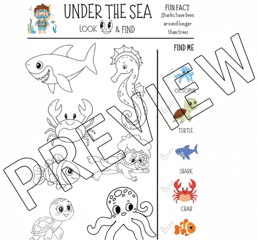 Coloring page with sea creatures and a checklist for 'Under the Sea' theme.