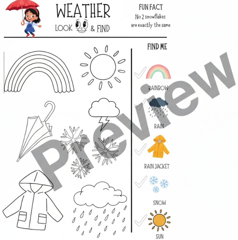 Children's activity sheet with weather-related illustrations and checkboxes.