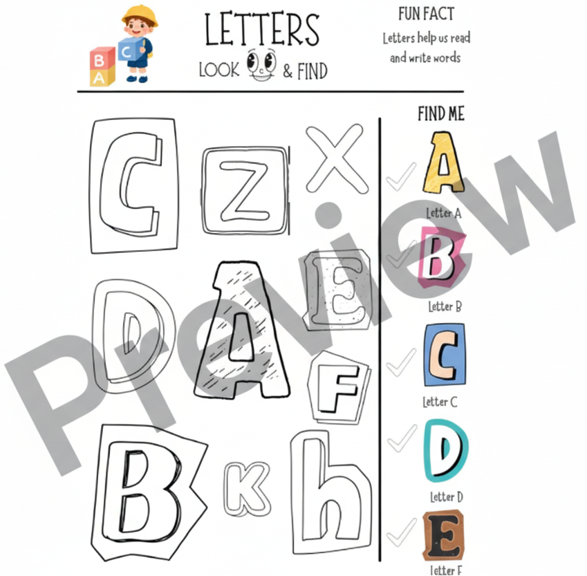 Sheet of uppercase and lowercase letters with a coloring guide on a white background.