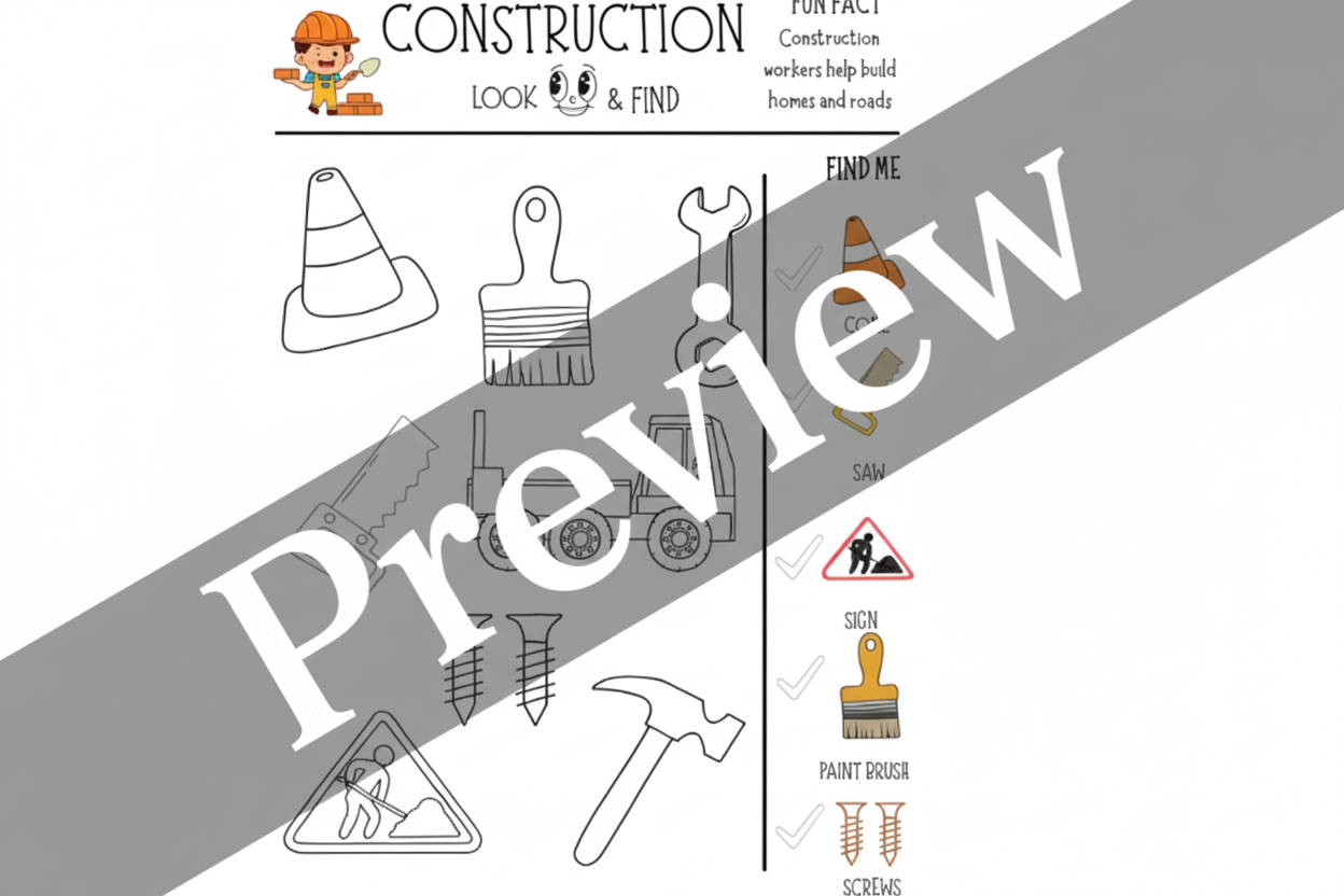 Construction-themed coloring page with various items and a checklist on a white background.
