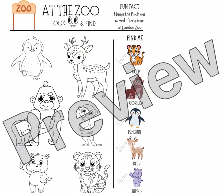 Coloring page with cartoon animals and a checklist for 'At the Zoo' theme.