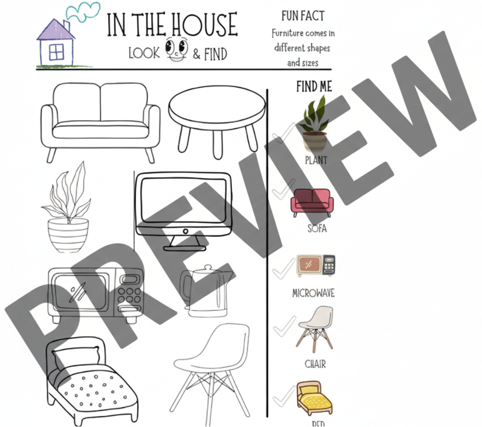 Coloring page with furniture illustrations and a fun fact about furniture shapes and sizes.