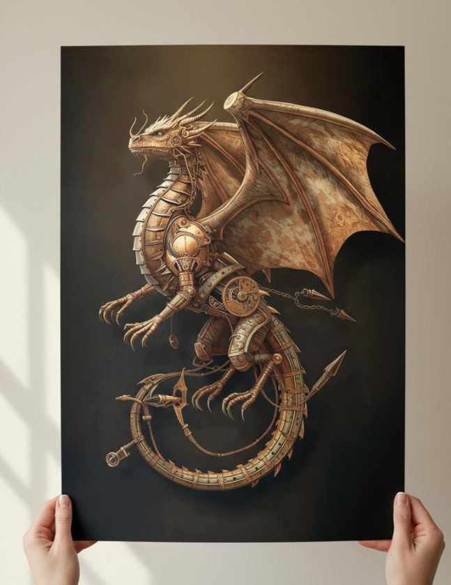 Art print of a detailed dragon on a dark background held by two hands.