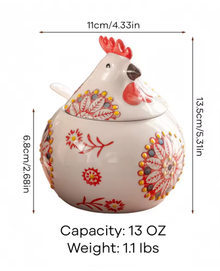 Ceramic chicken-shaped container with floral patterns and measurements on a white background