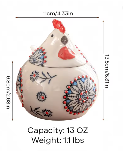Ceramic chicken-shaped container with floral patterns and measurements on a white background