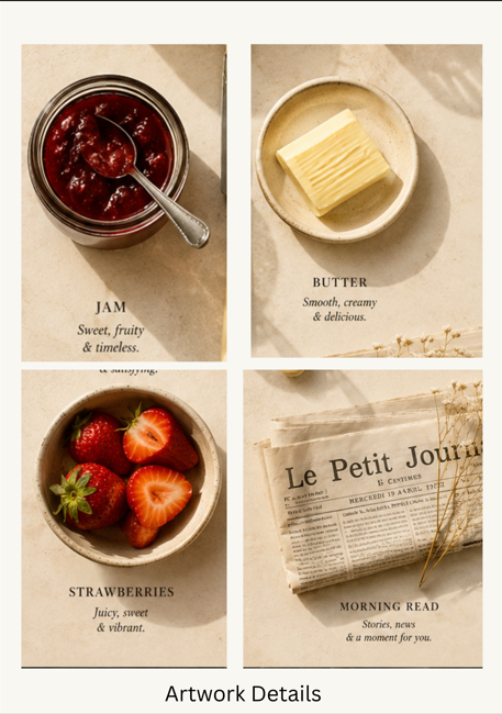 Artwork details close-up featuring strawberries, jam, butter and newspaper elements from the Breakfast Edition Poster.