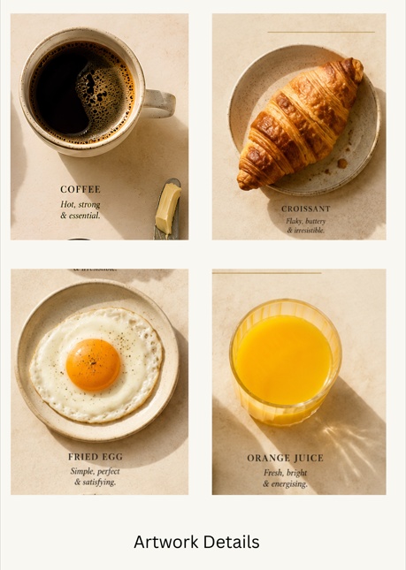 Artwork details close-up featuring coffee, croissant, fried egg and orange juice elements from the Breakfast Edition Poster.