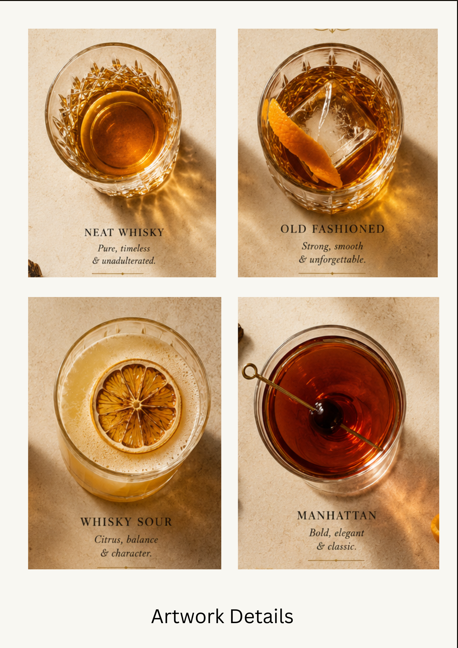 Artwork details close-up featuring Neat Whisky, Old Fashioned, Whisky Sour and Manhattan elements from the Whisky Edition Poster.