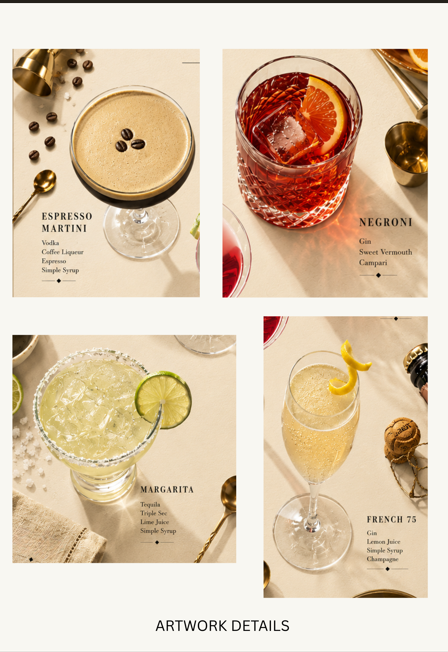 Four cocktail images with names and ingredients on a white background
