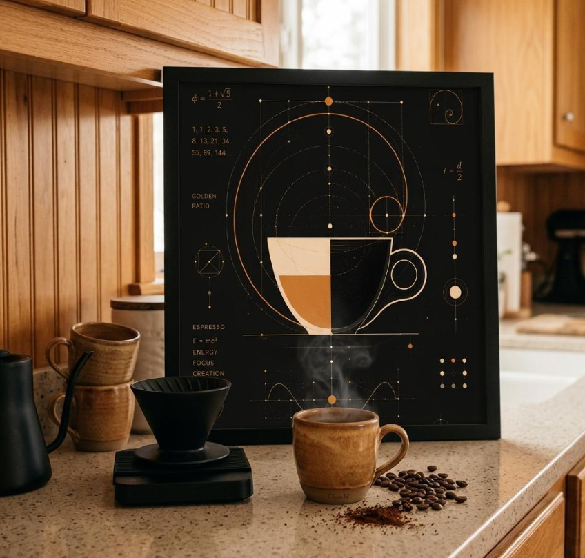Geometric coffee wall art displayed above a modern coffee station with espresso brewing equipment.