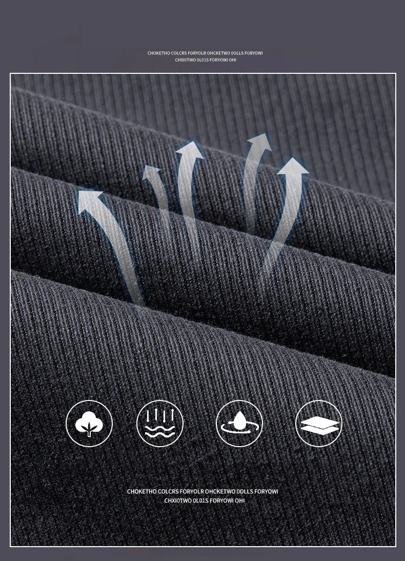 Close-up of textured fabric with moisture management icons and text on a dark background